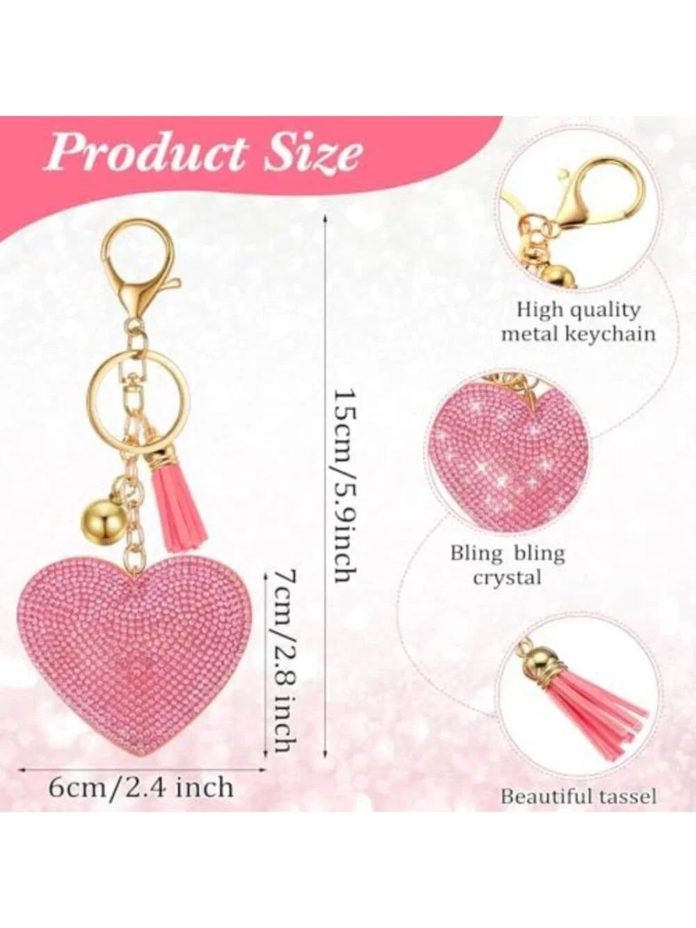 Valentine's Day Rhinestone Heart Keychains Set | Glitter Bling Tassel Gifts